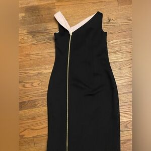 Calvin Klein black dress, gold zipper, off the shoulder classic